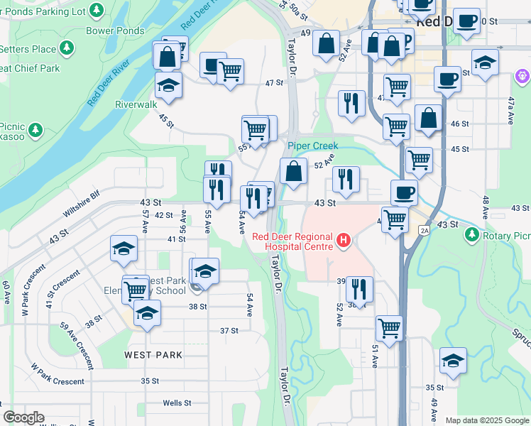 map of restaurants, bars, coffee shops, grocery stores, and more near 5301 43 Street in Red Deer