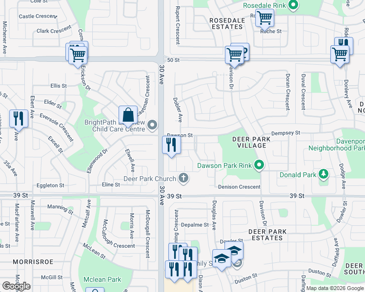 map of restaurants, bars, coffee shops, grocery stores, and more near 26 Duncan Crescent in Red Deer