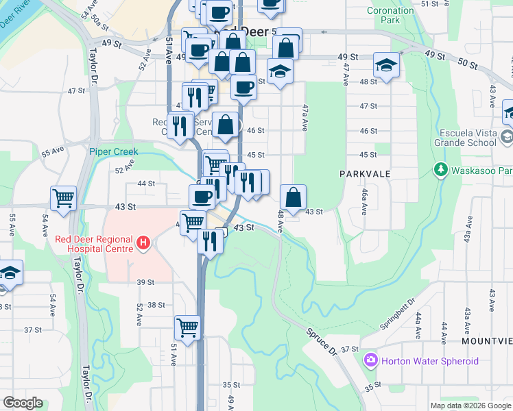 map of restaurants, bars, coffee shops, grocery stores, and more near 4311 49 Avenue in Red Deer