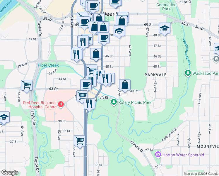 map of restaurants, bars, coffee shops, grocery stores, and more near 4311 49 Avenue in Red Deer