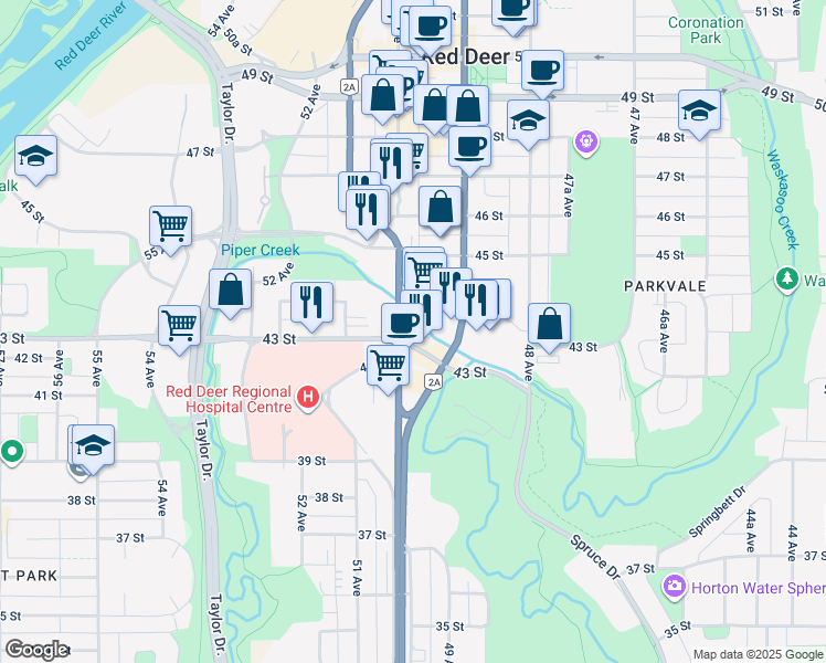 map of restaurants, bars, coffee shops, grocery stores, and more near 4303 Gaetz Avenue in Red Deer