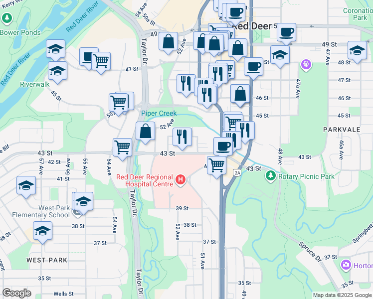map of restaurants, bars, coffee shops, grocery stores, and more near in Red Deer