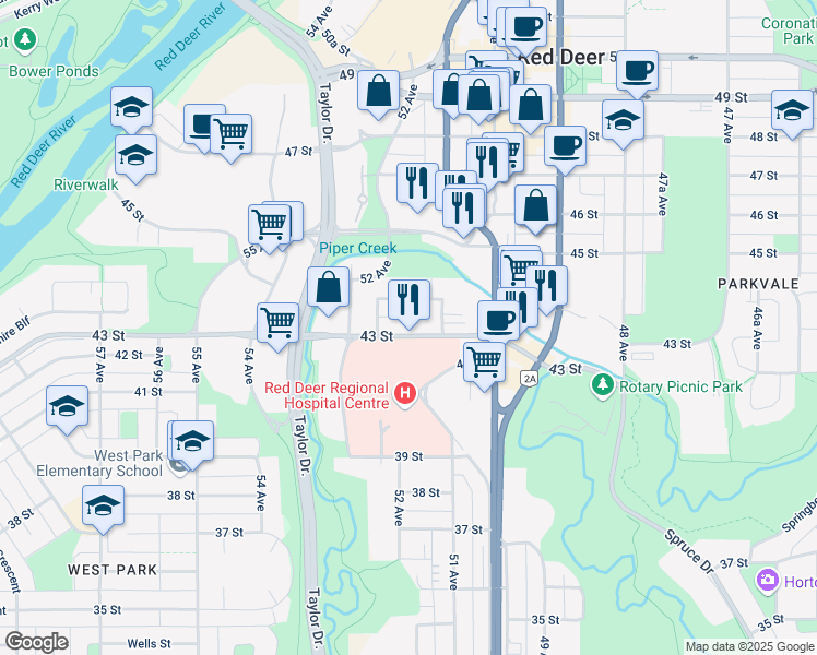 map of restaurants, bars, coffee shops, grocery stores, and more near in Red Deer
