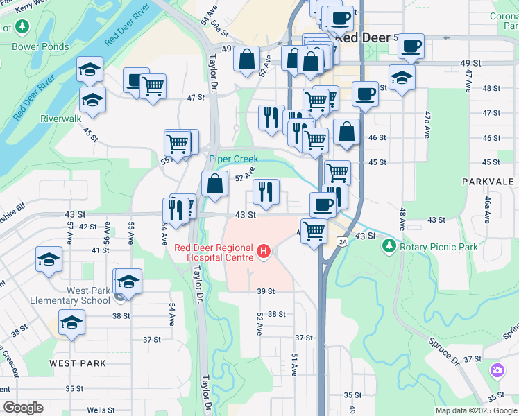 map of restaurants, bars, coffee shops, grocery stores, and more near 5126 43 Street in Red Deer