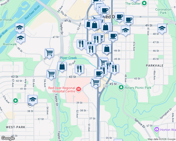 map of restaurants, bars, coffee shops, grocery stores, and more near 4319 51 Avenue in Red Deer