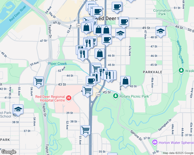 map of restaurants, bars, coffee shops, grocery stores, and more near 4407 50 Avenue in Red Deer