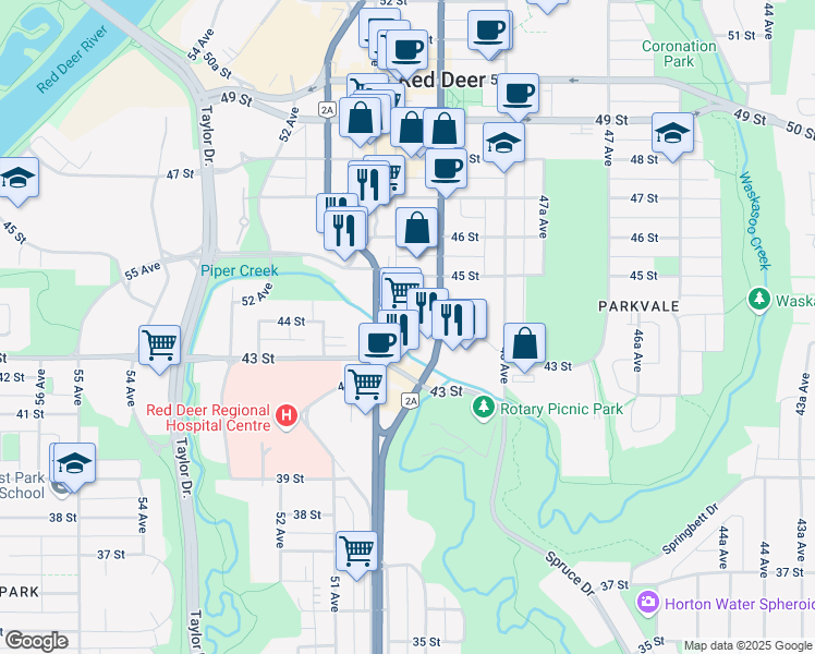 map of restaurants, bars, coffee shops, grocery stores, and more near 4407 50 Avenue in Red Deer