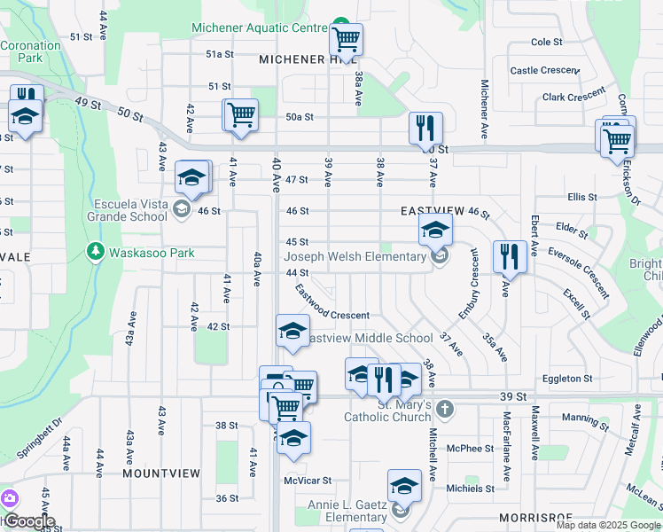 map of restaurants, bars, coffee shops, grocery stores, and more near 3832 44 Street in Red Deer