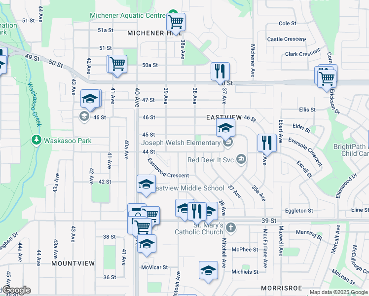 map of restaurants, bars, coffee shops, grocery stores, and more near 3814 44 Street in Red Deer