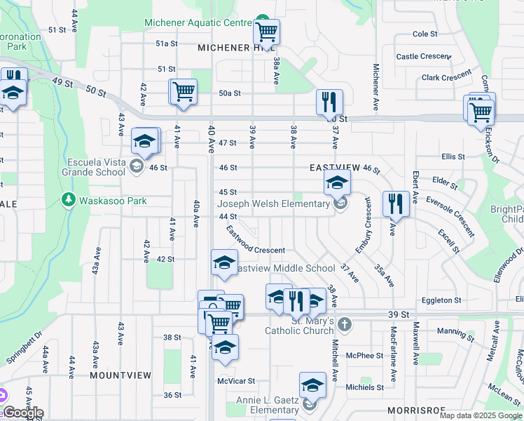 map of restaurants, bars, coffee shops, grocery stores, and more near 3832 44 Street in Red Deer