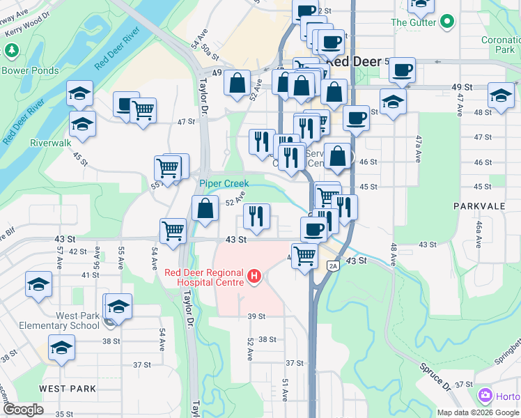 map of restaurants, bars, coffee shops, grocery stores, and more near 5118 44 Street in Red Deer
