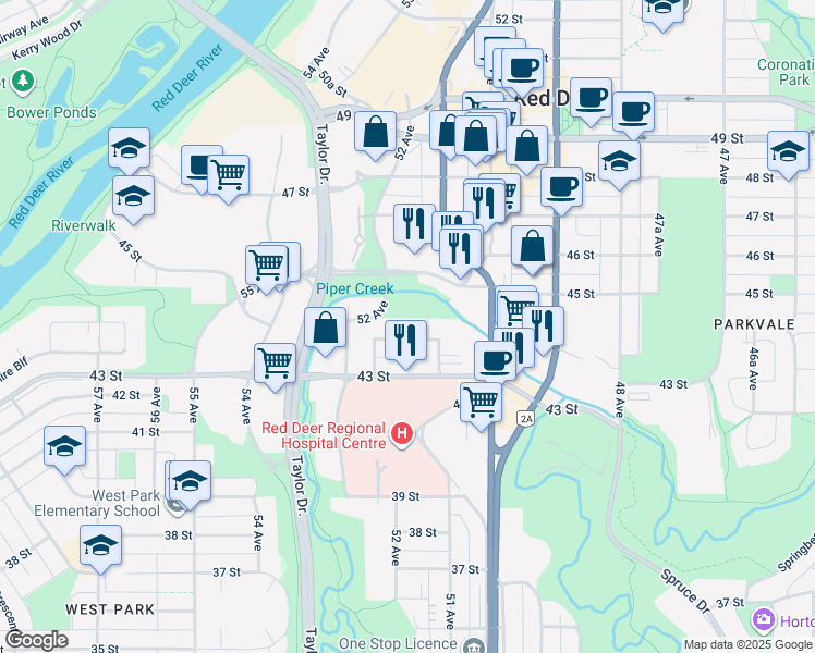 map of restaurants, bars, coffee shops, grocery stores, and more near in Red Deer