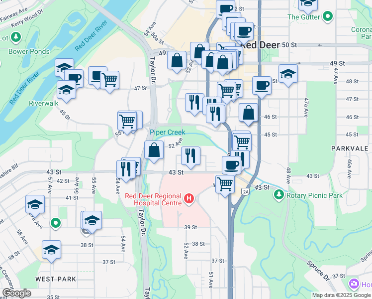 map of restaurants, bars, coffee shops, grocery stores, and more near 5137 44 Street in Red Deer