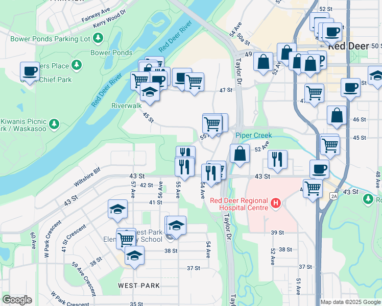 map of restaurants, bars, coffee shops, grocery stores, and more near 5420 A 43 Street in Red Deer