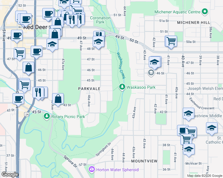 map of restaurants, bars, coffee shops, grocery stores, and more near 4528 44 Street in Red Deer