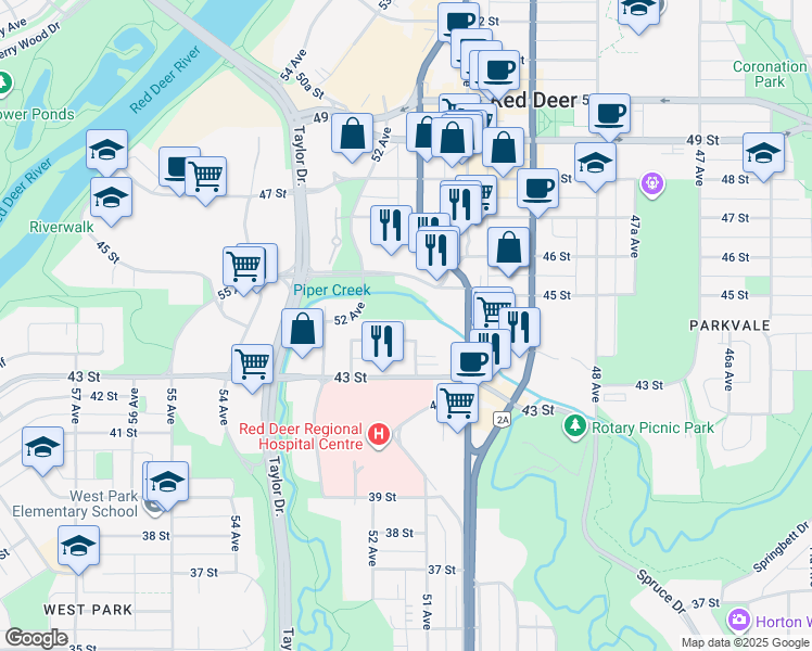map of restaurants, bars, coffee shops, grocery stores, and more near 4413 51 Avenue in Red Deer