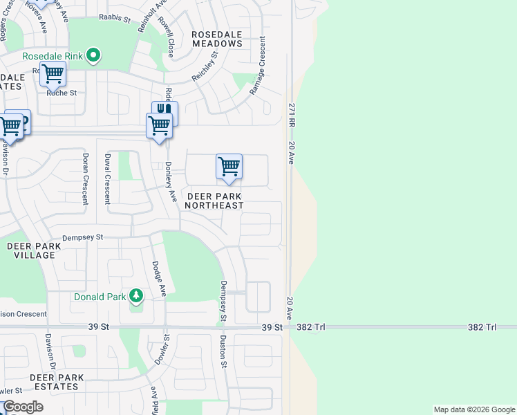 map of restaurants, bars, coffee shops, grocery stores, and more near 57 Durand Crescent in Red Deer