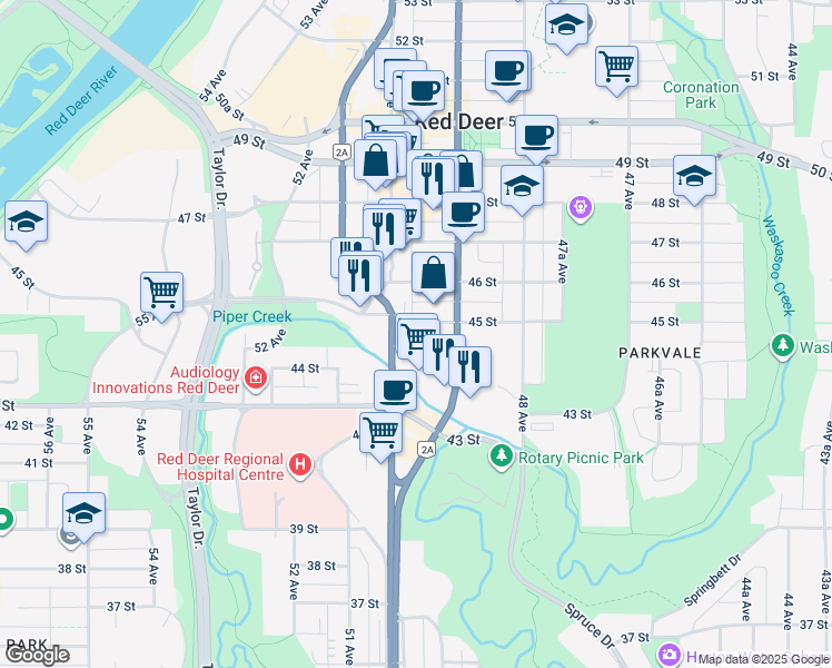 map of restaurants, bars, coffee shops, grocery stores, and more near 4910 45 Street in Red Deer