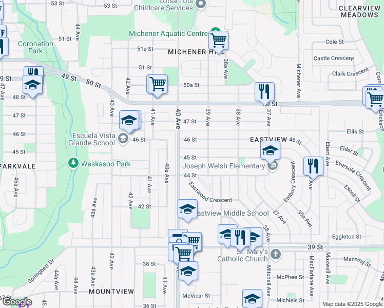 map of restaurants, bars, coffee shops, grocery stores, and more near 3922 45 Street in Red Deer
