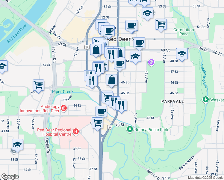 map of restaurants, bars, coffee shops, grocery stores, and more near 4910 45 Street in Red Deer