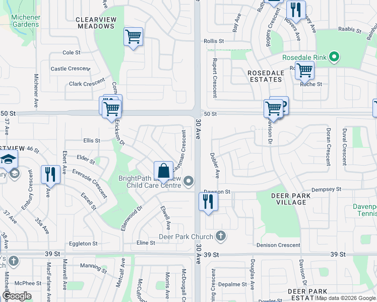 map of restaurants, bars, coffee shops, grocery stores, and more near 25 C Eastman Crescent in Red Deer