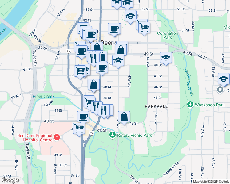 map of restaurants, bars, coffee shops, grocery stores, and more near 4815 46 Street in Red Deer