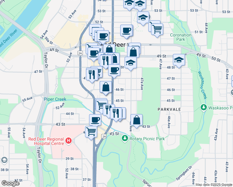 map of restaurants, bars, coffee shops, grocery stores, and more near 4819 46 Street in Red Deer