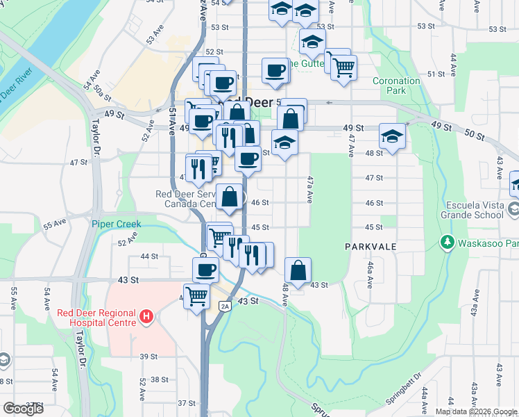 map of restaurants, bars, coffee shops, grocery stores, and more near 4821 46 Street in Red Deer