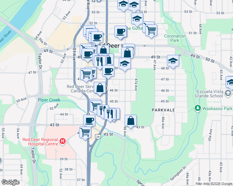 map of restaurants, bars, coffee shops, grocery stores, and more near 4815 46 Street in Red Deer