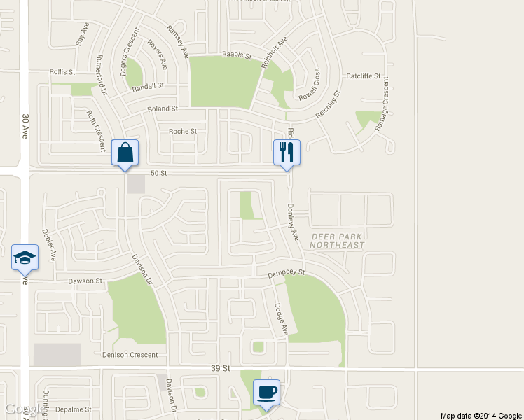 map of restaurants, bars, coffee shops, grocery stores, and more near 34 Duval Crescent in Red Deer