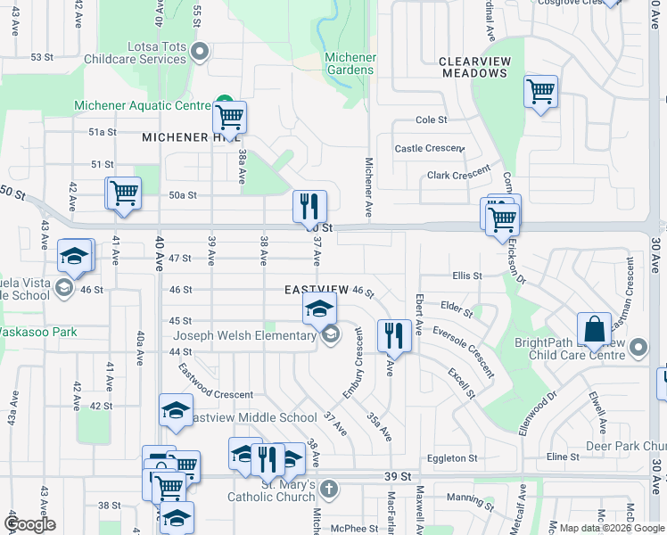 map of restaurants, bars, coffee shops, grocery stores, and more near 313 Terrace Park in Red Deer