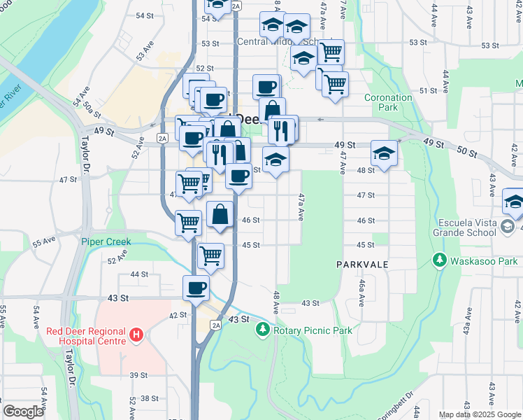 map of restaurants, bars, coffee shops, grocery stores, and more near 4814 46 Street in Red Deer