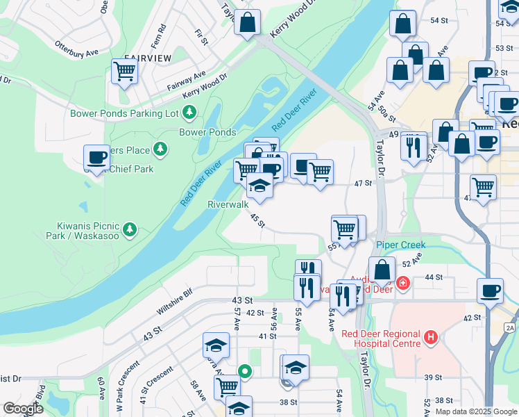 map of restaurants, bars, coffee shops, grocery stores, and more near 5569 47 Street in Red Deer