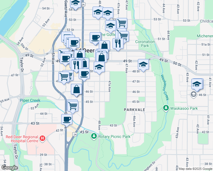map of restaurants, bars, coffee shops, grocery stores, and more near 4614 47A Avenue in Red Deer