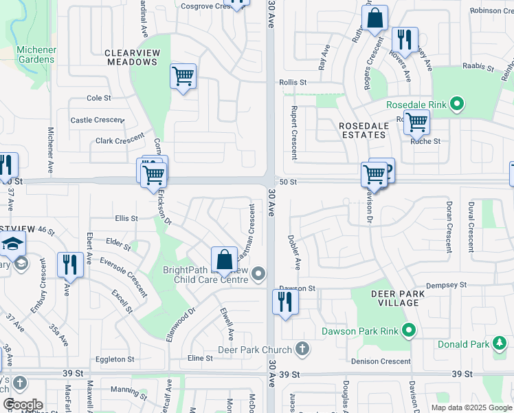 map of restaurants, bars, coffee shops, grocery stores, and more near 57 A Eastman Crescent in Red Deer