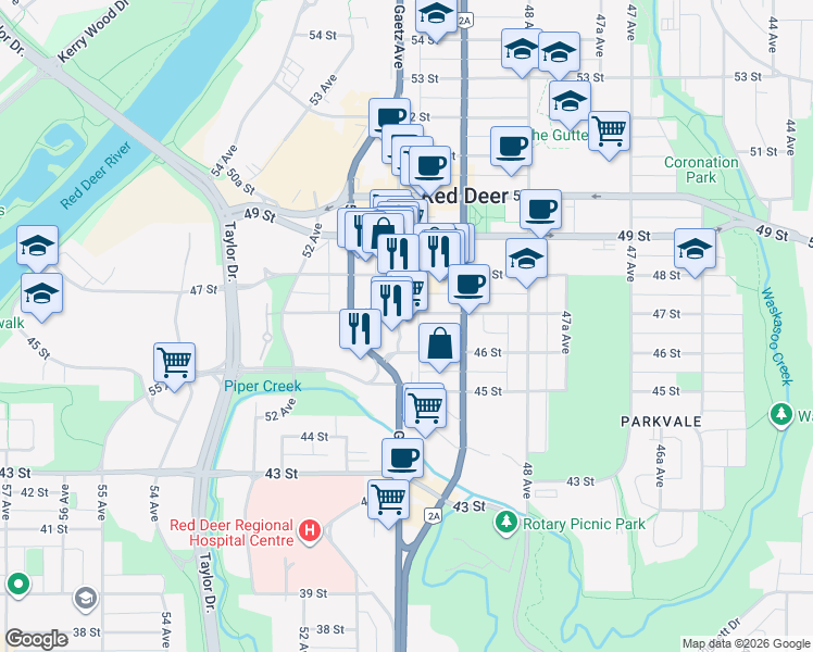 map of restaurants, bars, coffee shops, grocery stores, and more near 4617 Gaetz Avenue in Red Deer