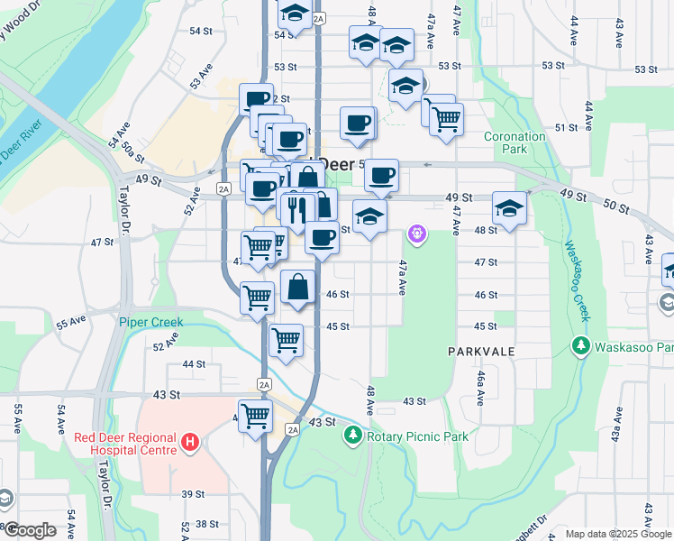 map of restaurants, bars, coffee shops, grocery stores, and more near 4619 49 Avenue in Red Deer