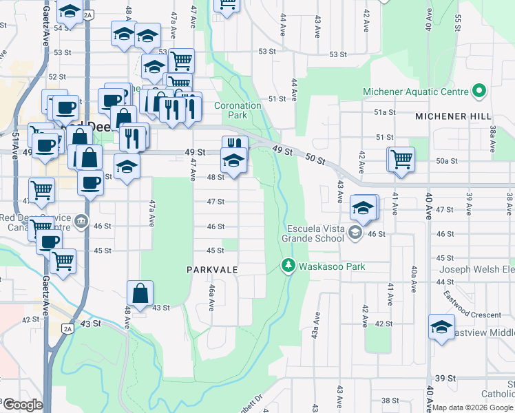 map of restaurants, bars, coffee shops, grocery stores, and more near 4519B 47 Street in Red Deer