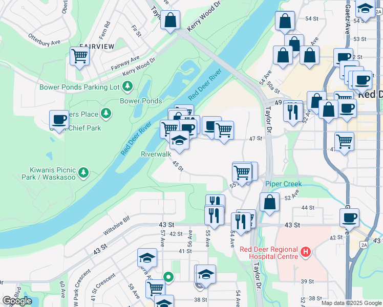 map of restaurants, bars, coffee shops, grocery stores, and more near 5569 47 Street in Red Deer
