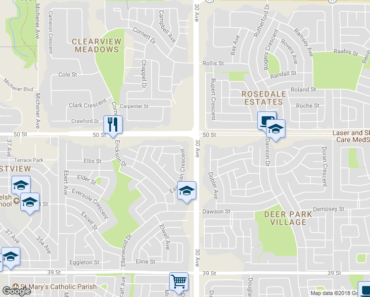 map of restaurants, bars, coffee shops, grocery stores, and more near 57 A Eastman Crescent in Red Deer