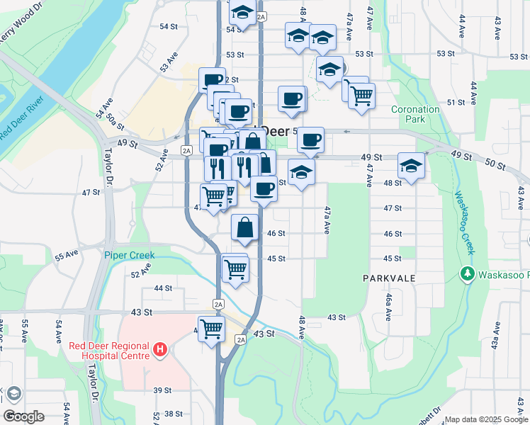 map of restaurants, bars, coffee shops, grocery stores, and more near 4619 49 Avenue in Red Deer