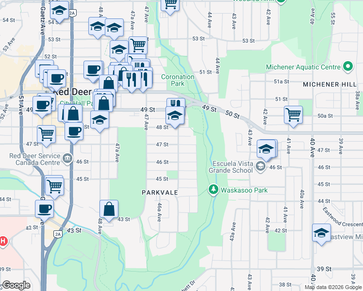 map of restaurants, bars, coffee shops, grocery stores, and more near 4803 46 Avenue in Red Deer