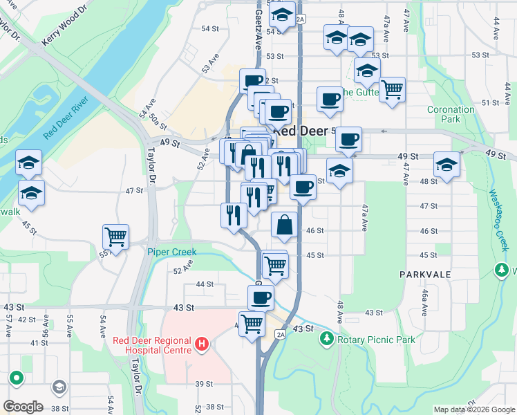 map of restaurants, bars, coffee shops, grocery stores, and more near 4617 Gaetz Avenue in Red Deer