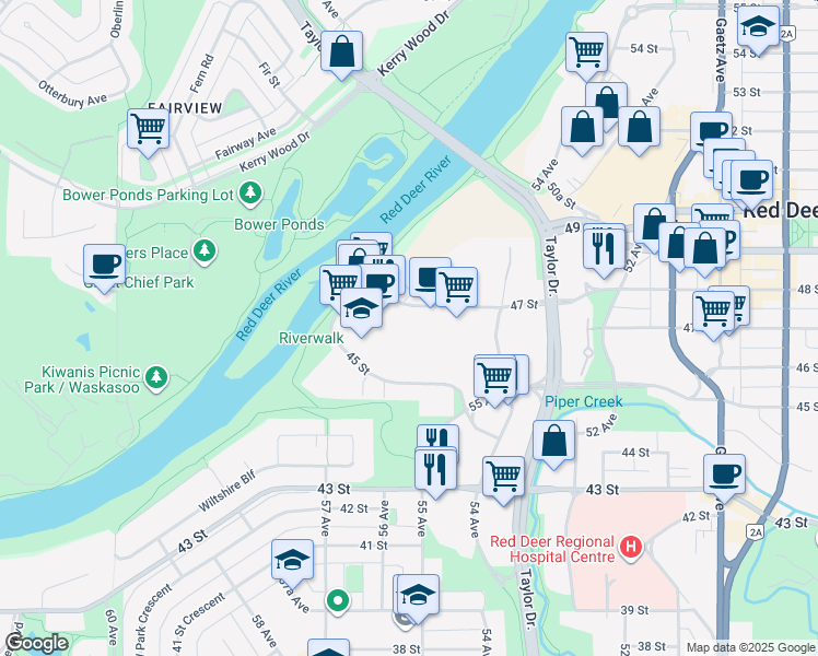 map of restaurants, bars, coffee shops, grocery stores, and more near 5439 47 Street in Red Deer
