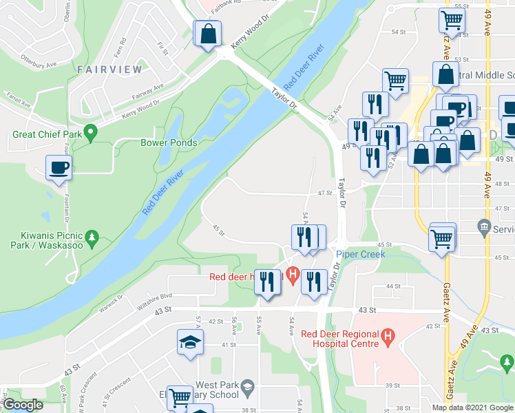 map of restaurants, bars, coffee shops, grocery stores, and more near 5439 47 Street in Red Deer