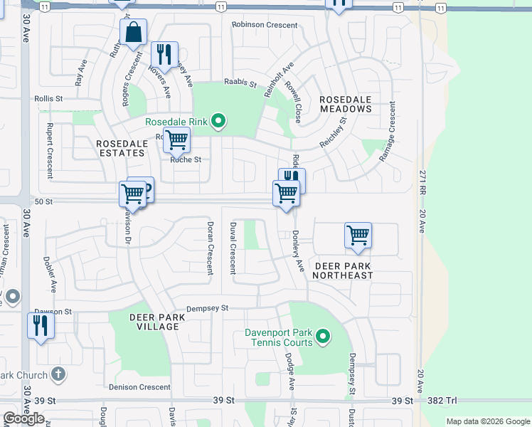 map of restaurants, bars, coffee shops, grocery stores, and more near 34 Duval Crescent in Red Deer