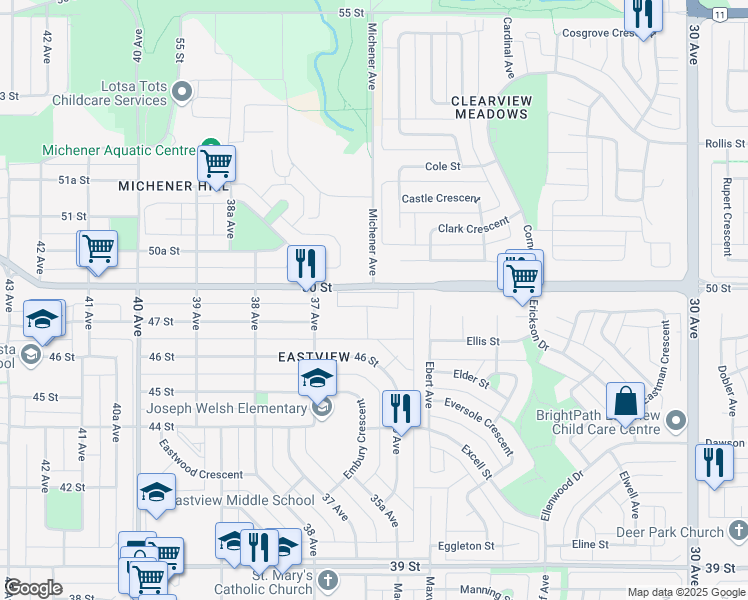 map of restaurants, bars, coffee shops, grocery stores, and more near 509 Terrace Park in Red Deer