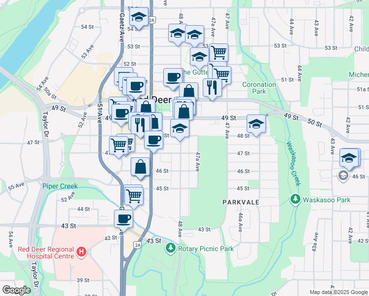 map of restaurants, bars, coffee shops, grocery stores, and more near 4614 47A Avenue in Red Deer