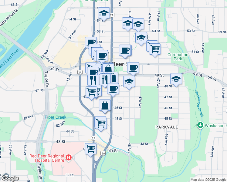 map of restaurants, bars, coffee shops, grocery stores, and more near 4619 49 Avenue in Red Deer
