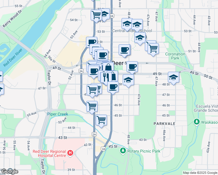 map of restaurants, bars, coffee shops, grocery stores, and more near in Red Deer
